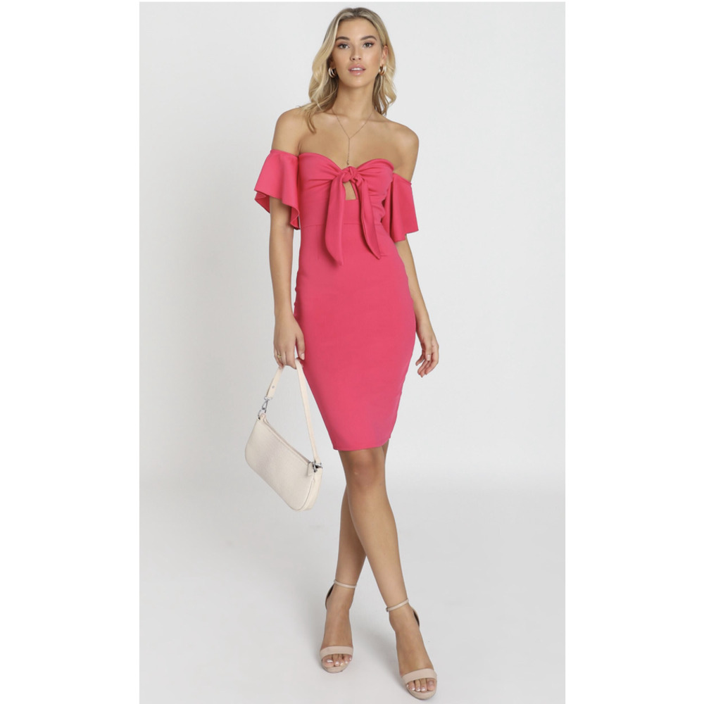 NWT HOT PINK OFF BARDOT MIDI DRESS SZ 0